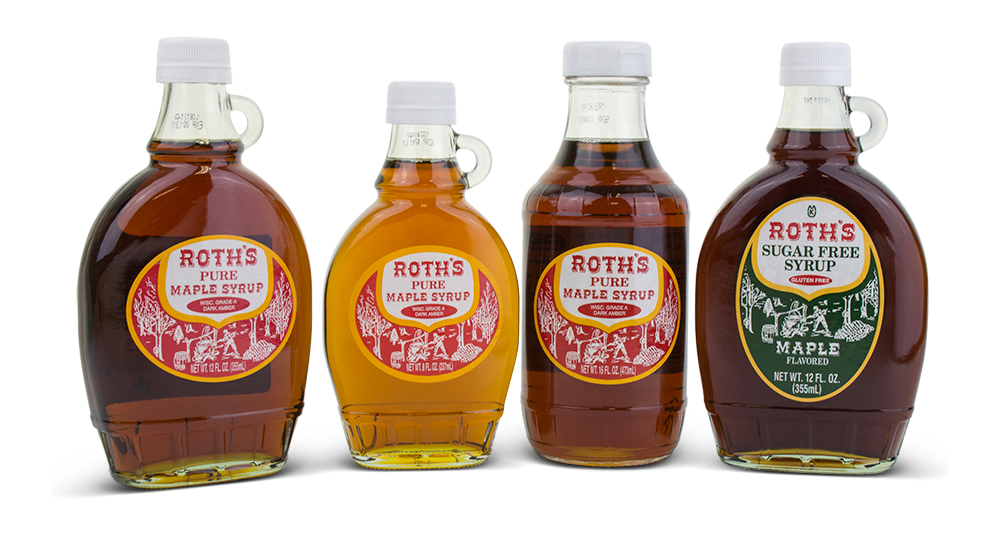 Bottles of Various Kinds of Roth's Pure Maple Syrup
